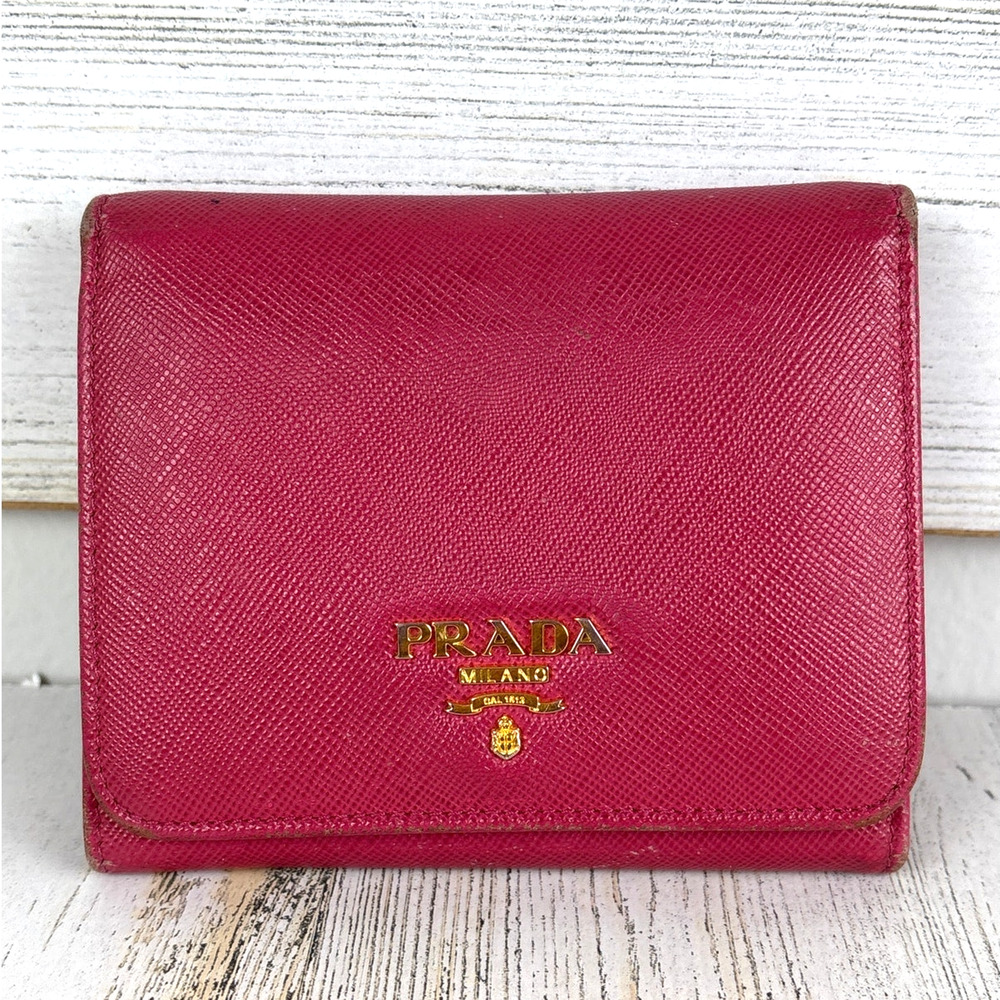 Prada Womens Pink Saffiano Leather Tri Fold Wallet Card Holder Italy Luxury